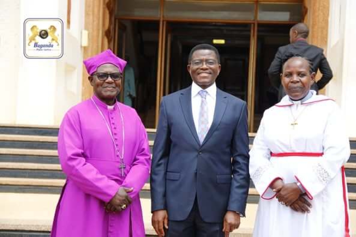 The Katikkiro, Charles Peter Mayiga (centre), welcomes Bishop Henry Katumba Tamale and his wife to Bulange The Katikkiro, Charles Peter Mayiga (centre), welcomes Bishop Henry Katumba Tamale and his wife to Bulange